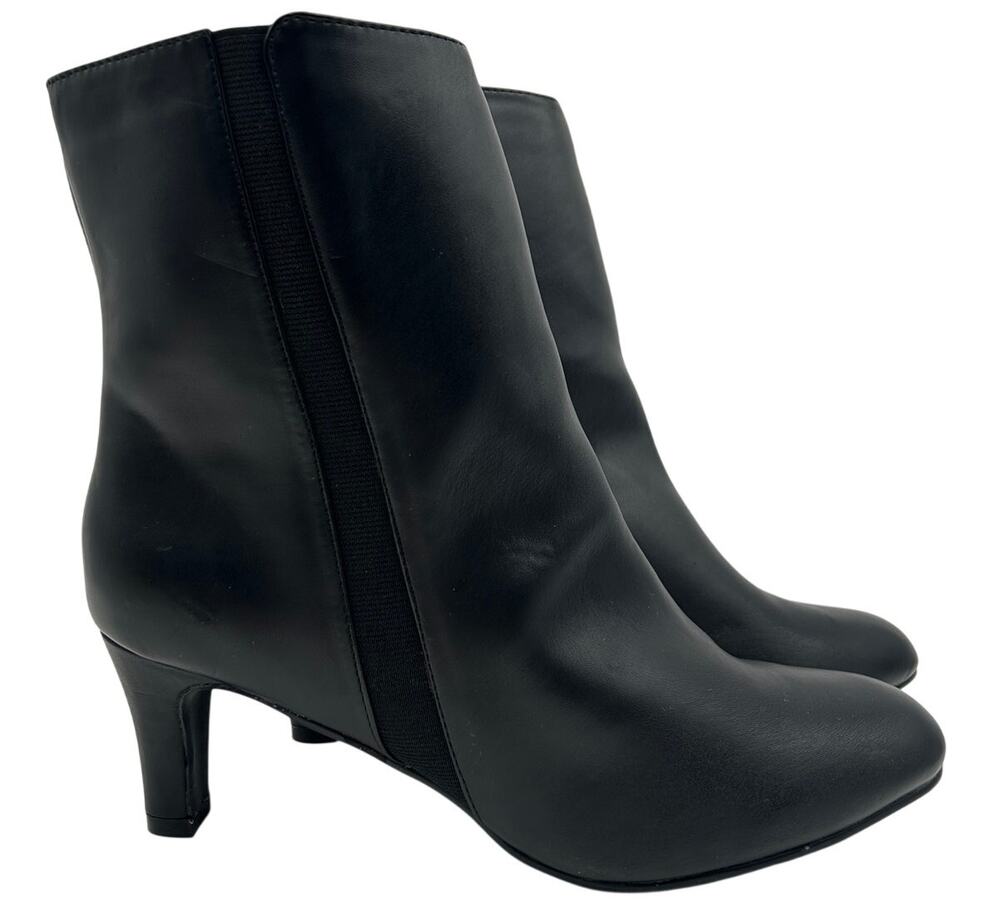 Classique Black Faux Leather Heeled Ankle Boots Side Zip SIZE 9.5 Mod Chic Fall